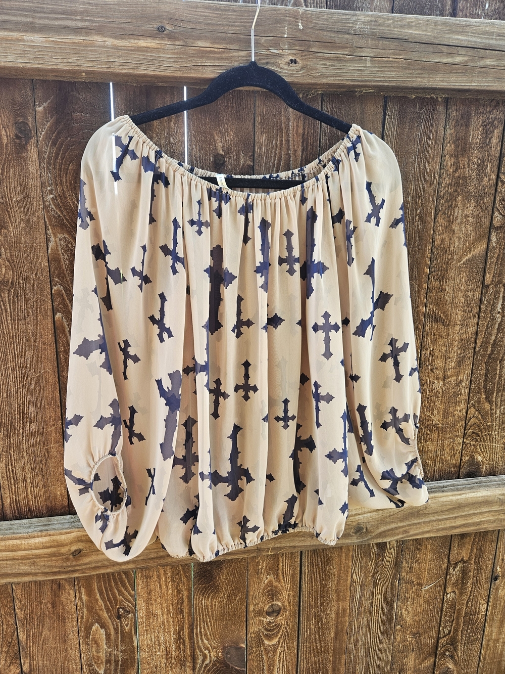 Beige Printed Off-Shoulder Blouse with Navy Cross Motif